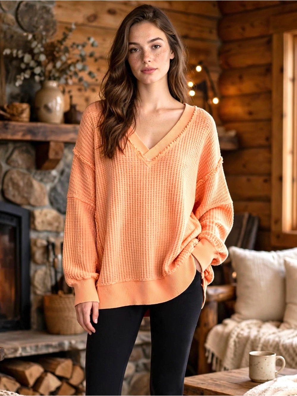 American Eagle "Seriously Lived-In" Relaxed Oversized Waffle Knit V-Neck Sweater